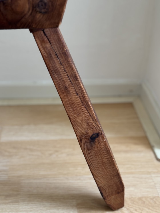 Image 1 of Vintage brutalist wooden tripod stool / side table