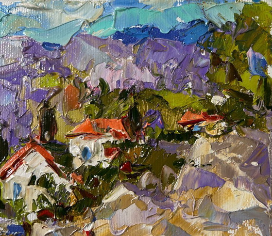 Image 1 of Original Oil Painting Summer Nature Landscape Village among the mountains