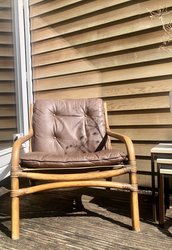Image 1 of Ensemble vintage de fauteuils en bambou 1970 avec coussin en cuir