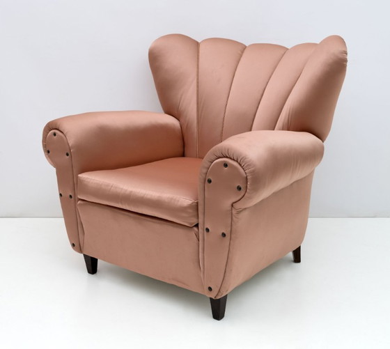 Image 1 of Paar Italiaanse satijnen fauteuils uit het midden van de vorige eeuw, jaren 50