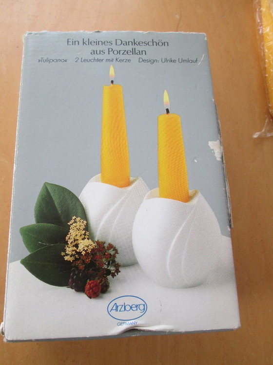 Image 1 of Set di 2 portacandele vintage ARZBERG a forma di tulipano, nella scatola originale con candele incluse.