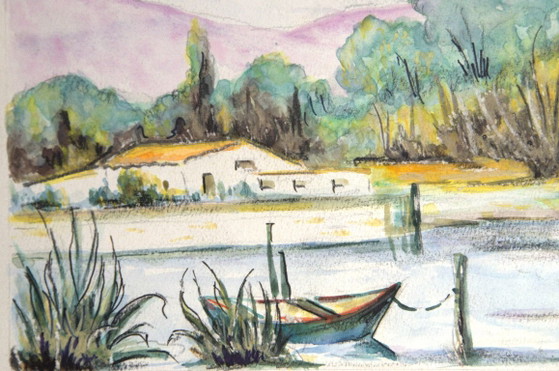 Watercolor depicting a pond with a boat and a Provençal farmhouse, 24x32cm Canson – Paintings & Drawings (photo 4 of 5)