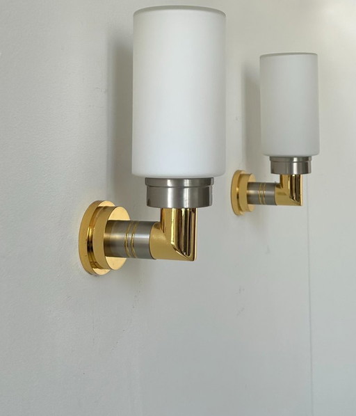 Paar vintage wandlampen, opaline messing en staal, Duitsland 1970