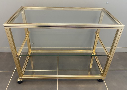 Meuble rangement télé hifi vidéo métal doré verre Pierre Vandel Paris 1970 vintage