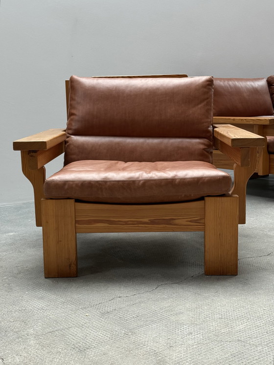 Image 1 of MODULAIRE STOEL SOFA SER PIEF HOUT MASSIEF COGNAC LEATHER IN KARIN MOBRING STIJL, SCANDINAVIA 1970