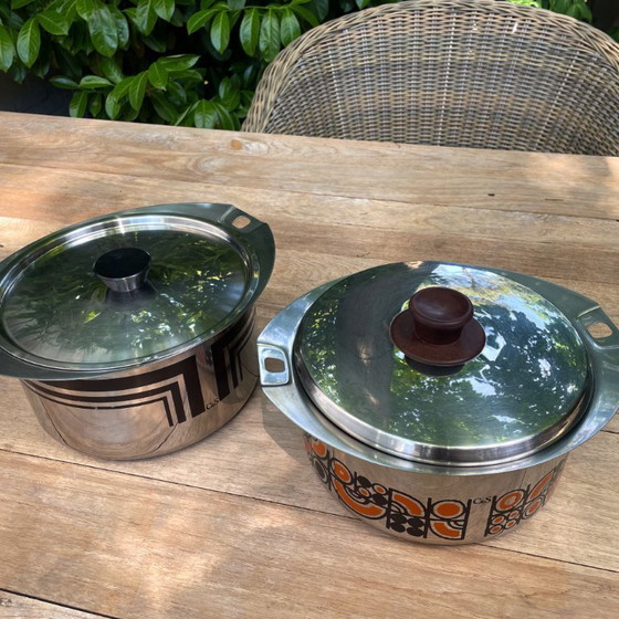 Image 1 of Pentole in acciaio inox C&S di Francia, smaltate arancioni e marroni, vintage anni '70.