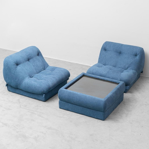 Vintage lounge set with 2 armchairs and fabric coffee table, 70s Modernariato