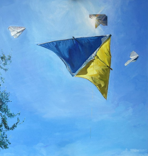 Original Oil Painting Modern Art Symbolism Sky Flight Let's Save, Let's Get Up – Paintings & Drawings, Canvas (photo 4 of 5)