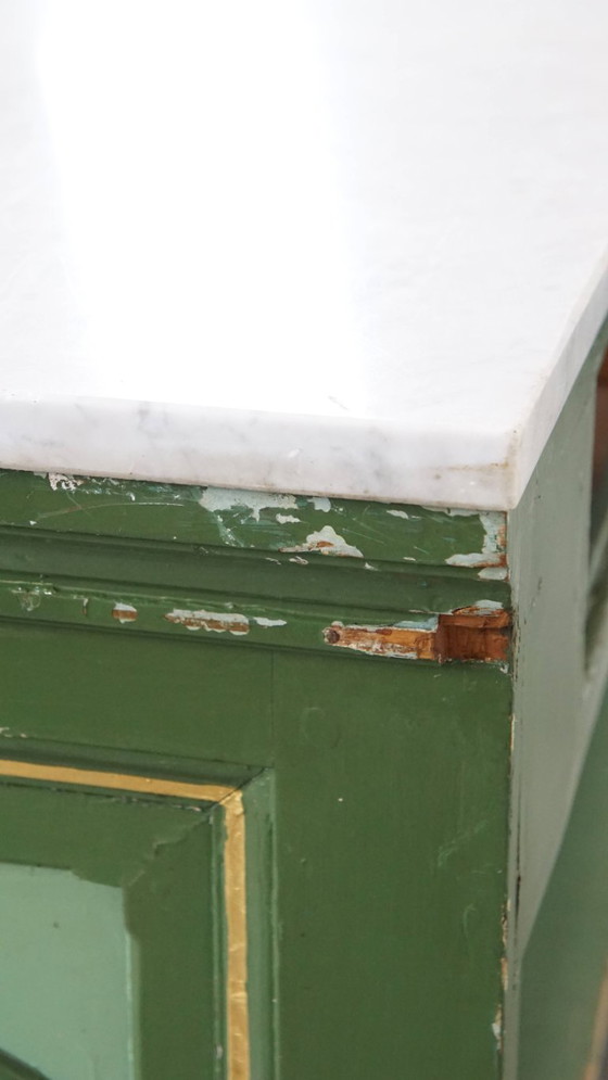 Image 1 of Antico bancone/comò verde della fine del XIX/inizio del XX secolo con piano in marmo