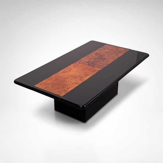Image 1 of Black lacquered and burl wood coffee table with bar France 1980s