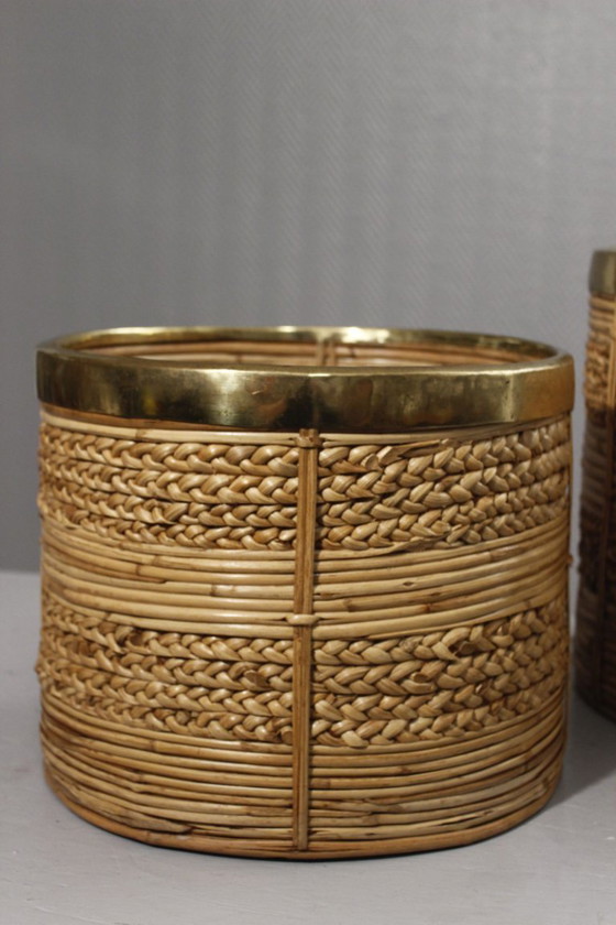 Image 1 of Coppia di grandi fioriere vintage in rattan e ottone disegnate da Gabriella Crespi negli anni '60