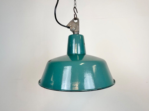 Industrial Petrol Enamel Factory Lamp with Cast Iron Top, 1960s