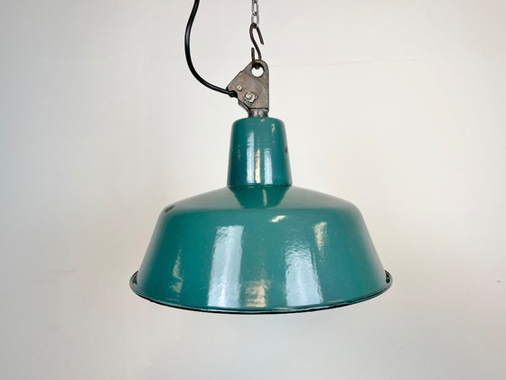 Image 1 of Industrial Petrol Enamel Factory Lamp with Cast Iron Top, 1960s