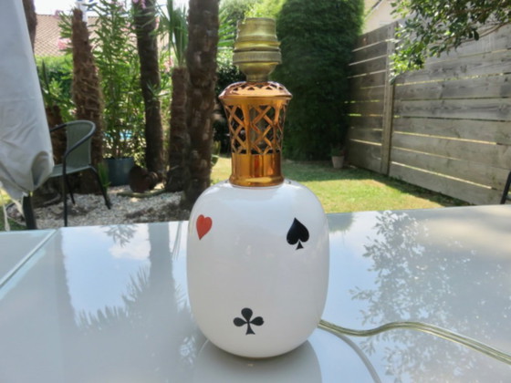 Image 1 of Porcelain lamp by Rivière Letort, Saint Méen Le Grand, France, "playing cards" design, 1950
