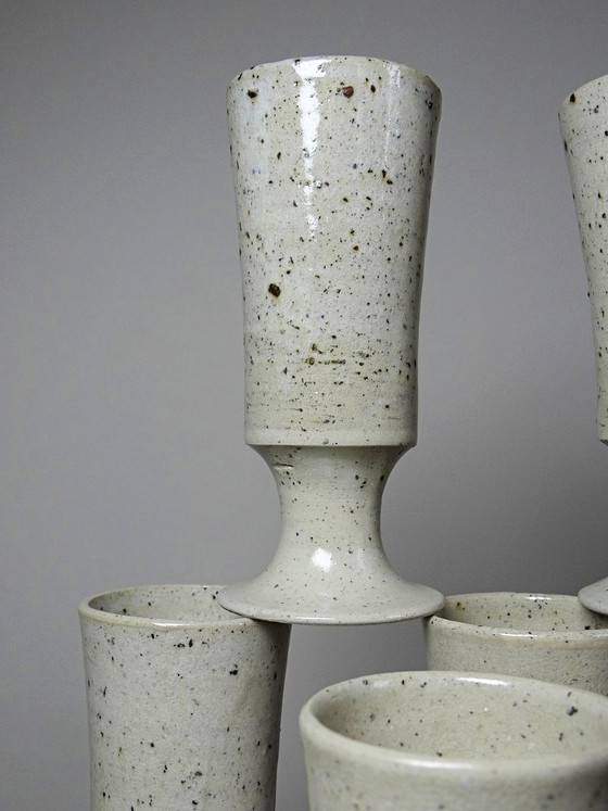 Set of 6 vintage pyritized stoneware mazagrans, 1960s-1980s, Crockery, Ceramic, Creme (photo 6 of 12)