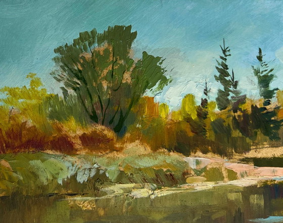 Image 1 of Origineel olieverfschilderij: Herfstlandschap aan een rivier, de natuur in.