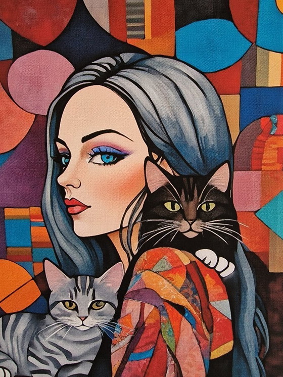 Image 1 of Léa ROCHE - Mara and her cats - Artist's lithograph