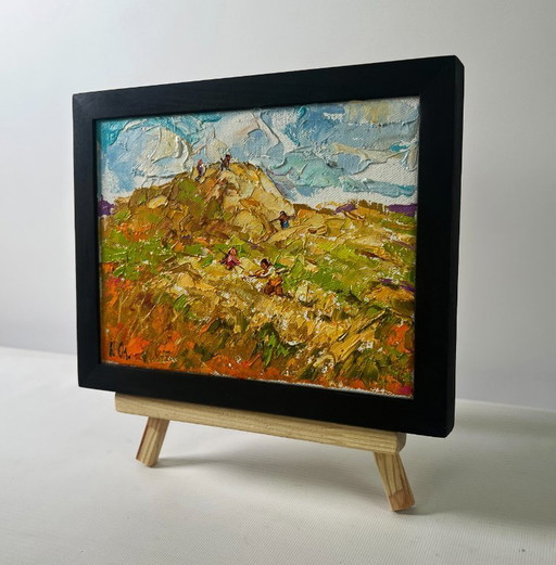 Original Oil Painting Summer Field Landscape Gentle wind over the haystack