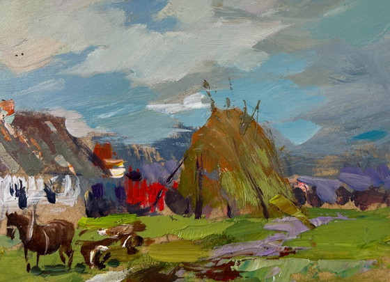 Image 1 of Original Oil Painting Summer Village Landscape Horses by the hay