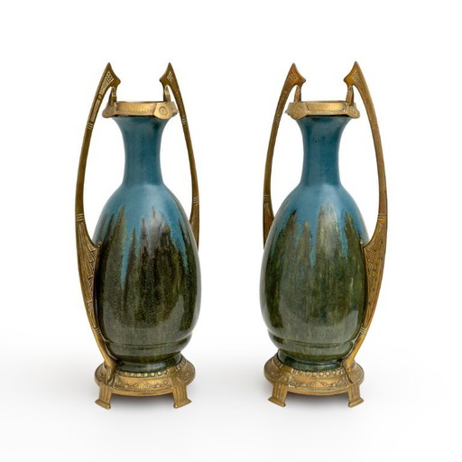 Paar Jugendstil bronzen en keramieken Jugendstil vazen Otto Eckman stijl, 1900