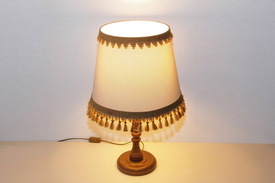Image 1 of Table lamp wood textile light beige brown fringes 63cm 80s J Vintage
