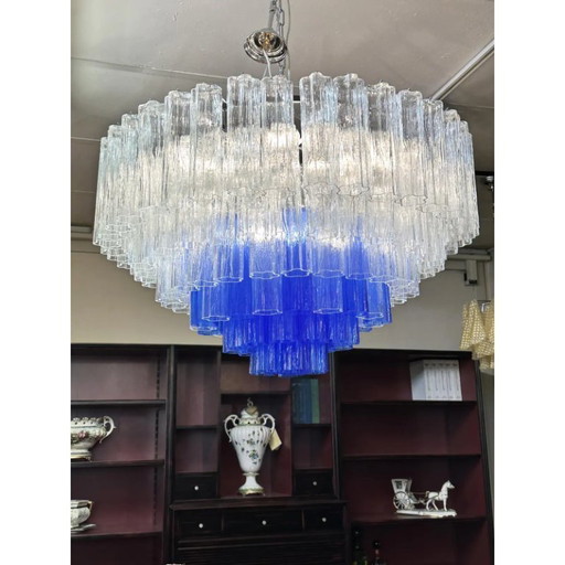 Grote transparante en blauwe "Tronchi" Murano glazen kroonluchter in Venini-stijl