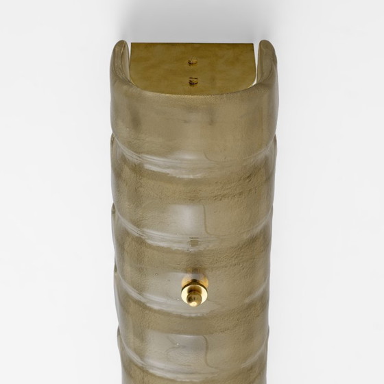 Image 1 of Pair of Murano Gold-Toned Frosted Glass and Brass Wall Sconces, Italy