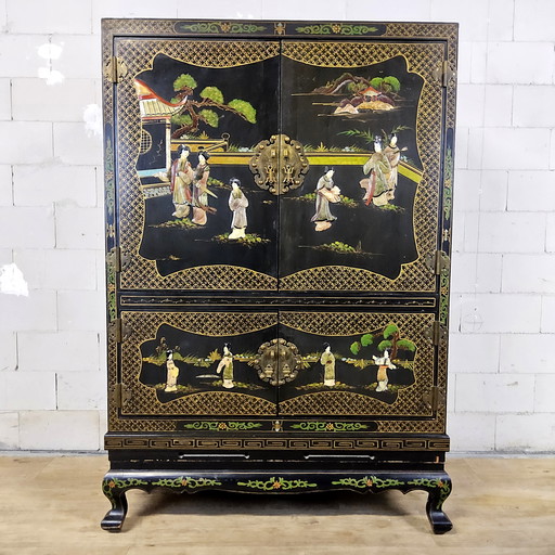Vintage Chinese Cabinet Black with Hand-Painted Scenes / bohemian cabinet / Asian / Oriental cabinet