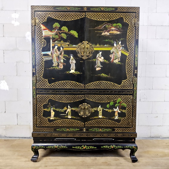 Image 1 of Vintage Chinese Cabinet Black with Hand-Painted Scenes / bohemian cabinet / Asian / Oriental cabinet