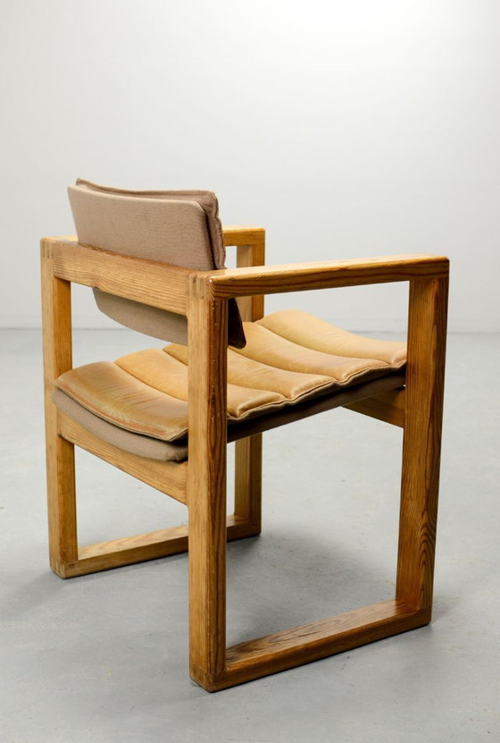 Image 1 of Mid-Century Pair of Dutch Design Camel Leather Cubic Pinewood Side Chairs by Ate van Apeldoorn for Houtwerk Hattem. 1960s.