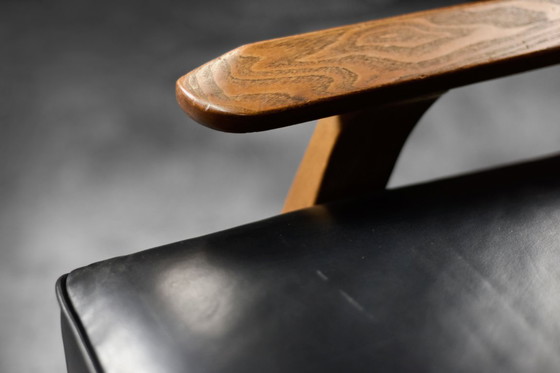 Image 1 of Divano vintage in rovere e pelle nera, stile tedesco moderno di metà secolo, anni '60