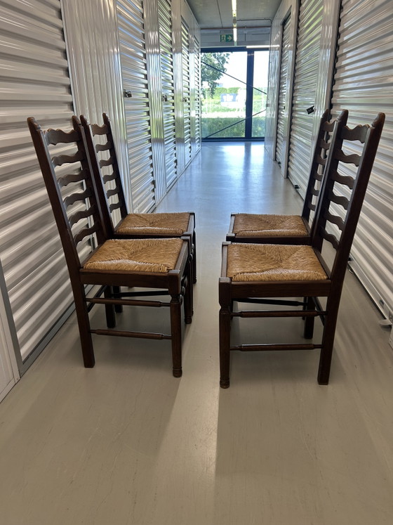 4 Antieke houten eetkamerstoelen met rieten zitting – Rattan, Wood (photo 3 of 14)