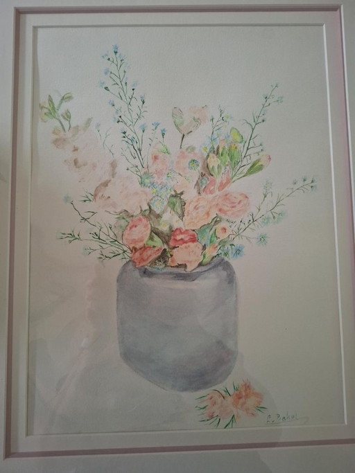 Original Signed Watercolor – Flower Still Life – L. V. Bakel – Framed Behind Glass – schilderijen tekeningen, Canvas