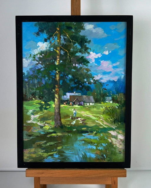 Original Oil Painting Nature Landscape Countryside Swamps near the Village