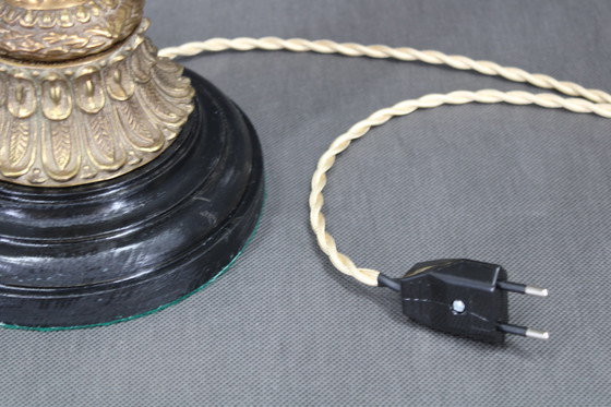 Image 1 of 1940s Restored Brass Table Lamp with Wooden Base and Glass Shade