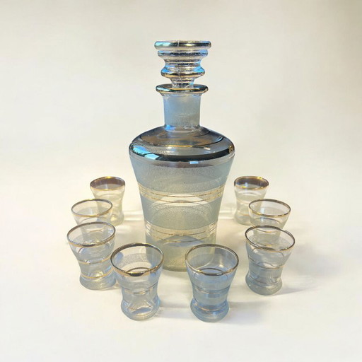 Set di bicchieri da liquore vintage con caraffa | Anni '60 | Stile Art Déco | Vetro satinato e finiture dorate