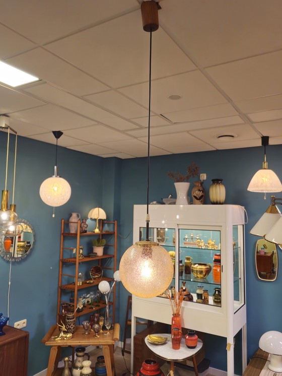 Image 1 of Vintage Hanglamp Glazen Bol Plafondlamp Lamp Messing 