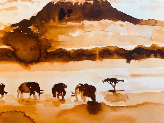 Image 1 of Signed painting of an African landscape and animals, "Kilimanjaro".