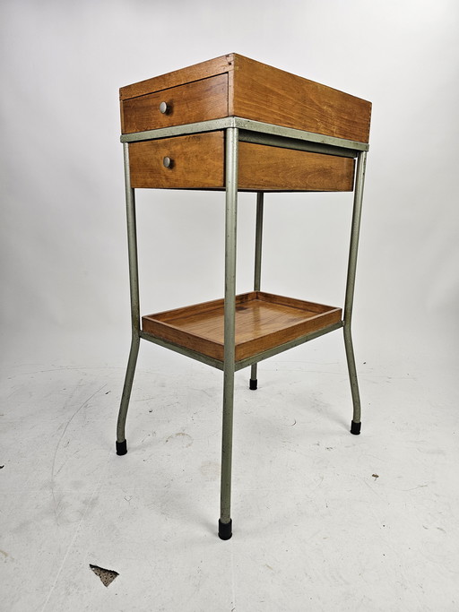Industrial Metal and Wood Nightstands, Italy Bologna 1960s