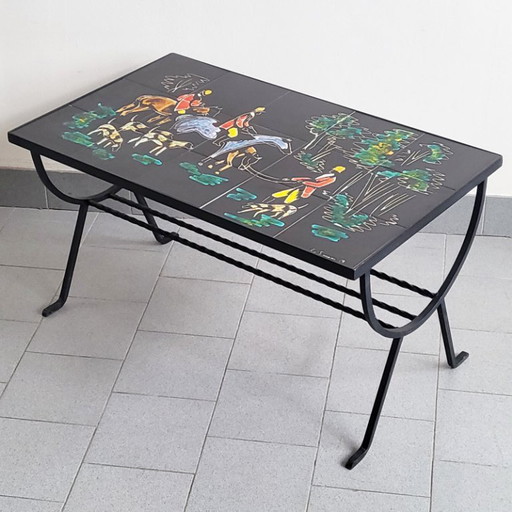 TABLE BASSE TABLE D'APPOINT VINTAGE 1950 CERAMIQUE & METAL CHASSE A COURRE 50S