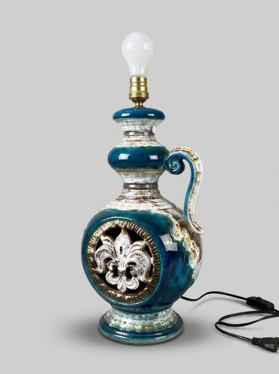 Vintage Geglazuurde Keramische Lamp, Tafellampen, Keramiek, Blauw (foto 5 van 6)