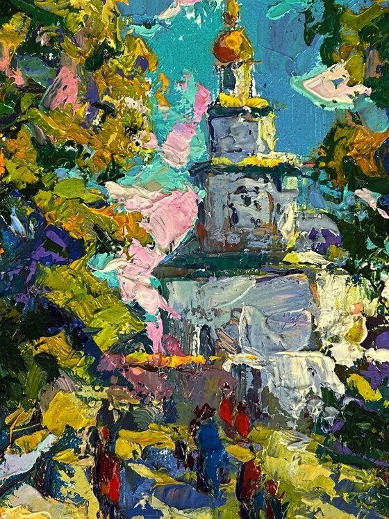 Image 1 of Original Oil Painting Rural Landscape Church Morning Bell in the Village