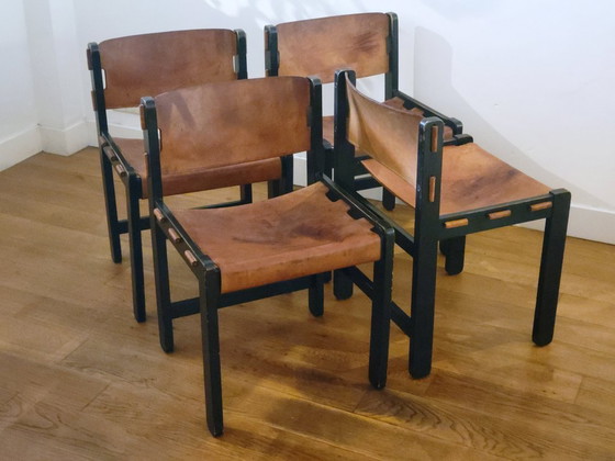 Set of four Brutalist chairs in black beech wood and saddle leather, Netherlands 1970 – Dining chairs (photo 12 of 12)