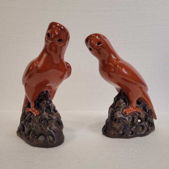 Image 1 of Pareja de loros naranjas, porcelana, 90’s - China