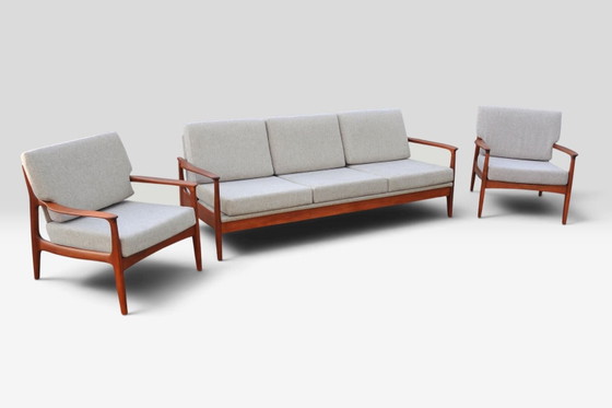 Canapé vintage en teck Eugen Schmidt Soloform et 2 fauteuils – Sofas, Bois, Textile (photo 13 of 13)
