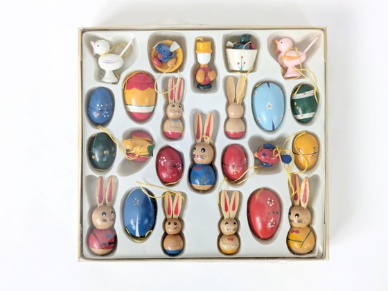 Image 1 of Set of 24 Vintage Easter Hand Painted Wooden Ornaments, Germany 1980s, Original Box