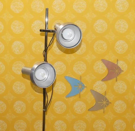 Image 1 of 60s 70s vloerlamp SLZ Swisslamps International metallic zilver 2 lampen zwenkbare vloerlamp sputnik space age panton