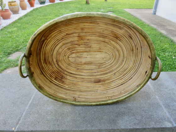 Image 1 of Großes Tablett im Stil von Gabriella Crespi, Bambus und Messing, 1970