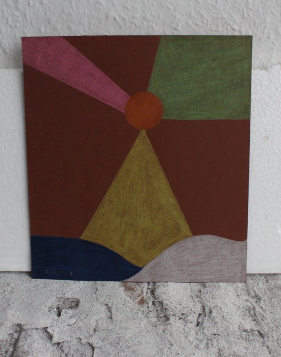 Image 1 of Buntstiftzeichnung Abstrakter Leuchtturm Bunstiftzeichnung auf Malkarton signiert und datiert ohne Rahmen vintage Bild