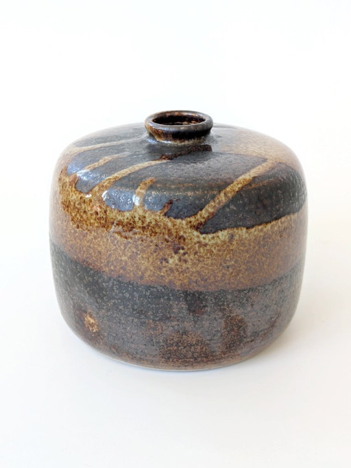 Vase rond Vintage Studio Pottery |Brown and Cream Drip Glaze | Midcentury Modern Ceramic